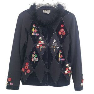 Jack B Quick Embellished Holiday Cardigan Sequins Beaded Faux Fur Womens Large